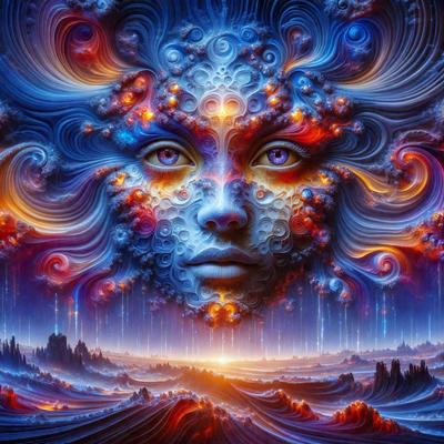 The primary subject of the image is a face, which is the main object, scene, or focus of the image. The face is surrounded by a vibrant and colorful background, which includes a sunset and a waterfall. The visual style of the image is digital art, as it is a computer-generated or digitally created piece. The colors and mood of the image are lively and energetic, with a mix of warm and cool tones that create a sense of movement and dynamism.